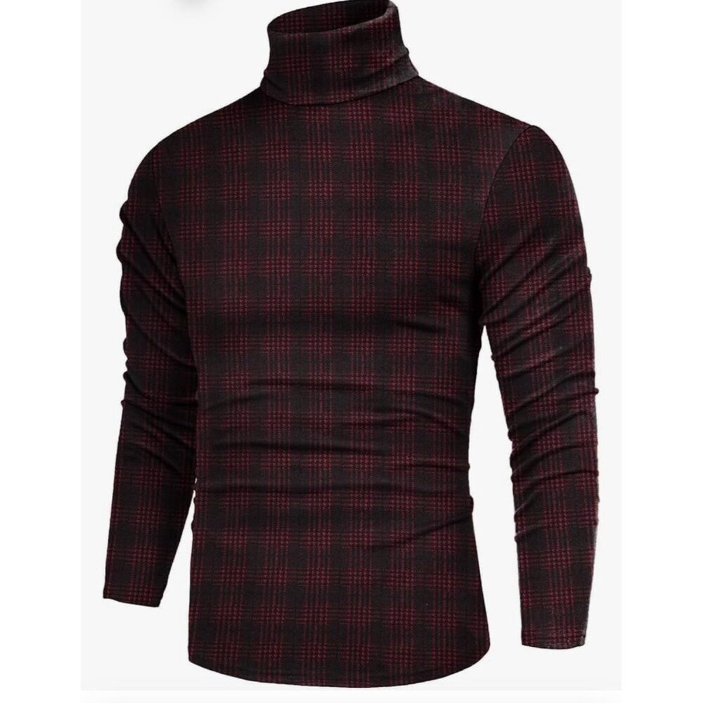 Men's Dark Academia Fitted Grunge Knit Red Plaid Casual Turtleneck Sz L